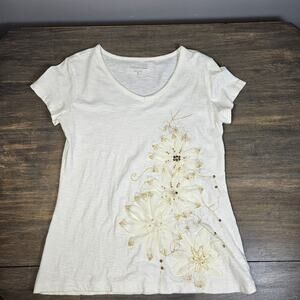 Coldwater Creek Short Sleeve Shirt Floral Embellisment‎ V-Neck Size XS White